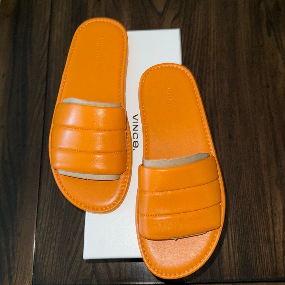 NWT Vince Leather Slides, Orange, Size 8.5